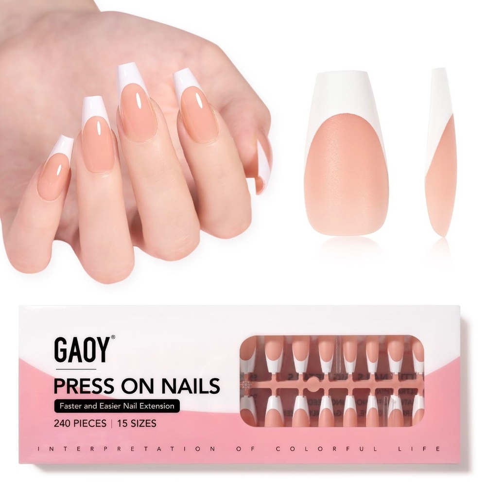 GAOY Nude Pink And White French Tip Medium Coffin Press On Nails